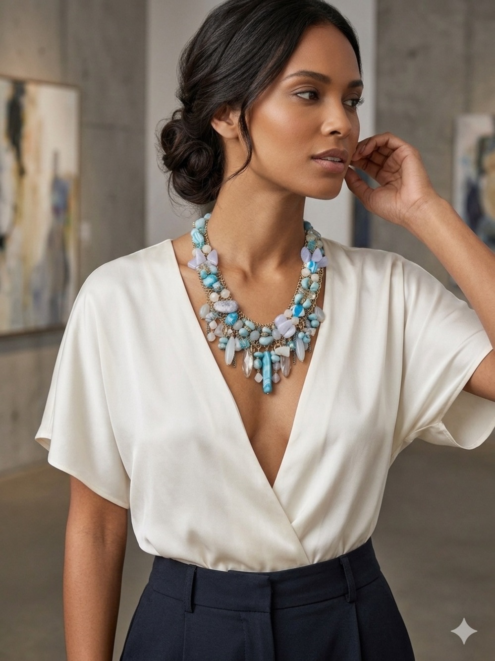 Vintage Elegant Blue and Gold Statement Necklace